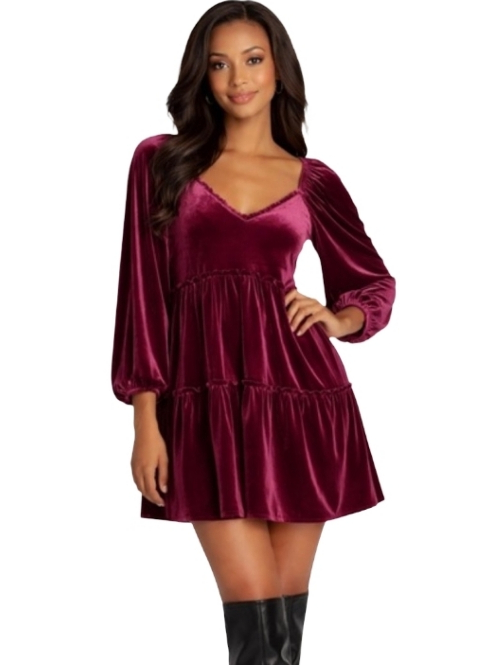 Betsey Johnson Velvet Tiered Babydoll Dress In Burgundy